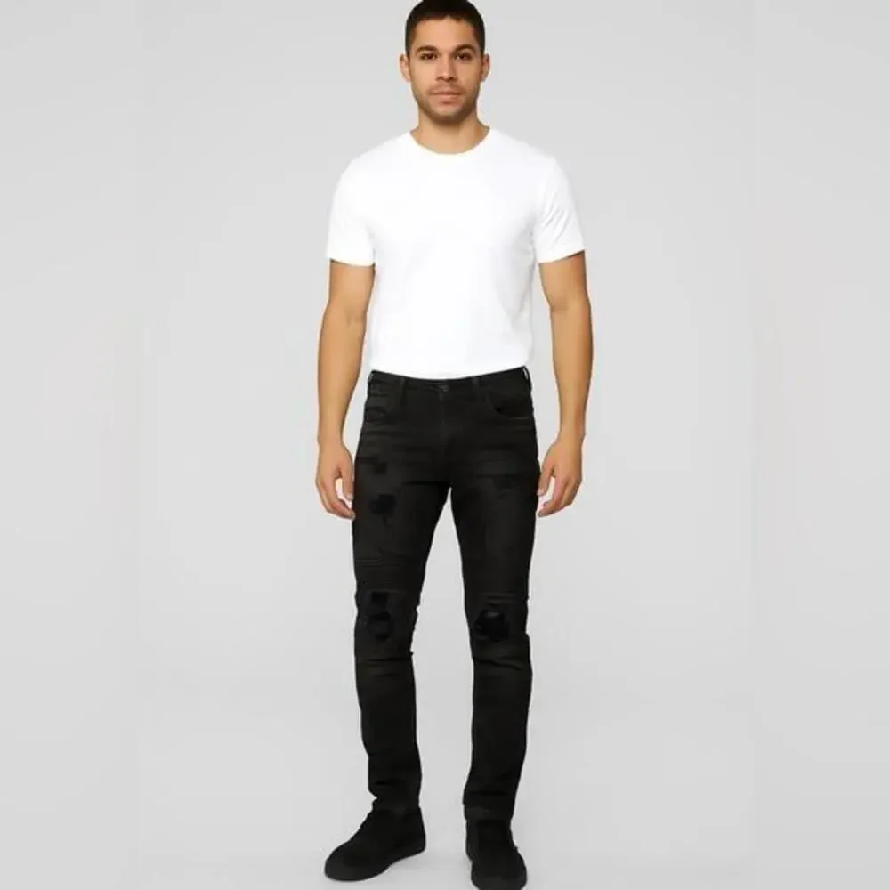 Rockstar Original Men’s Black Moto Jeans Distressed Ribbed Knees Slim Taper Size